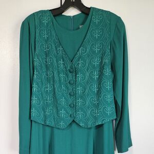 Vintage 80s Carol Anderson CA Green Dress 2Pc Embroidered Modest Women 8 USA